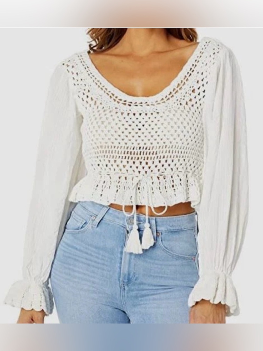 $128 Free People Women's Ivory Long-Sleeve Megan Crochet Cutout Back Top Size M